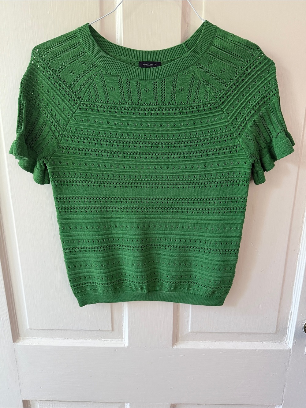 Ann Taylor Factory Green Short-Sleeve Knit Top with Ruffle Sleeves